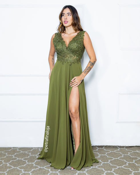 VESTIDO DECOTE V RENDA BORDADO VESTIDO DE FESTA PETRA FINA VERDE OLIVA M